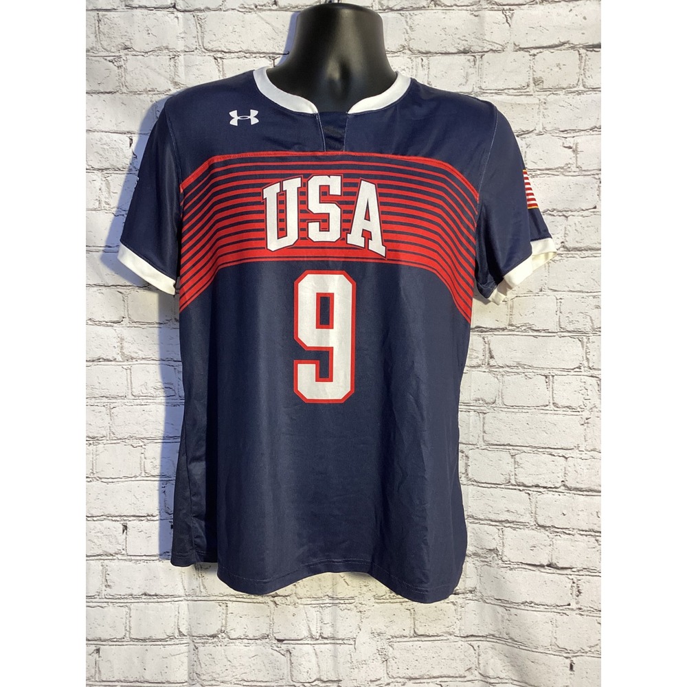 Under Armour USA Soccer Jersey Mens Large Navy Blue Red Number 9 Training Shirt